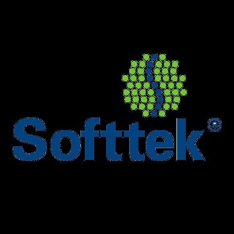 Softtek logo with blue text and green and blue molecular structure design above